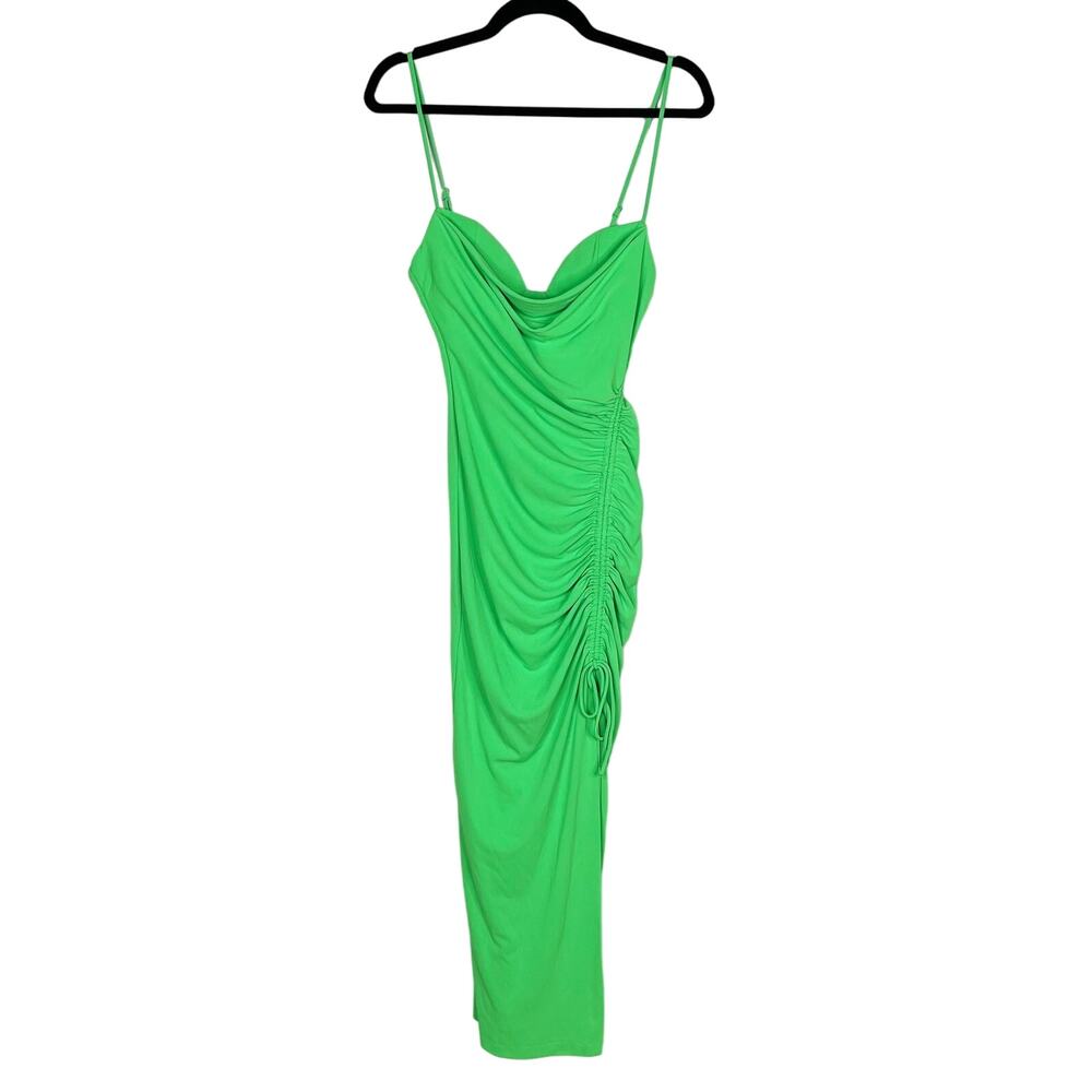 Zara Small S Bright Green Draped Midi Dress High Side Slit Sweetheart Neckline